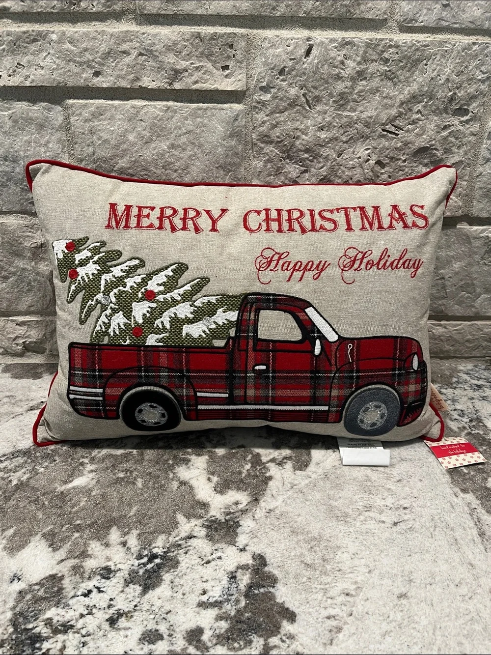 NEW Merry Christmas Red Plaid Truck Holiday Pillow